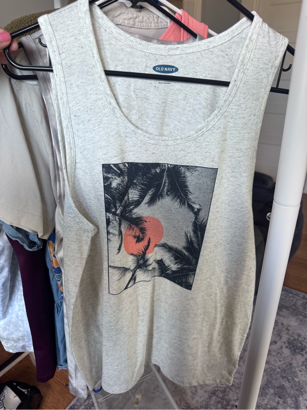 Old Navy Light Gray Tank with Coral Sun and Black Palm Graphic